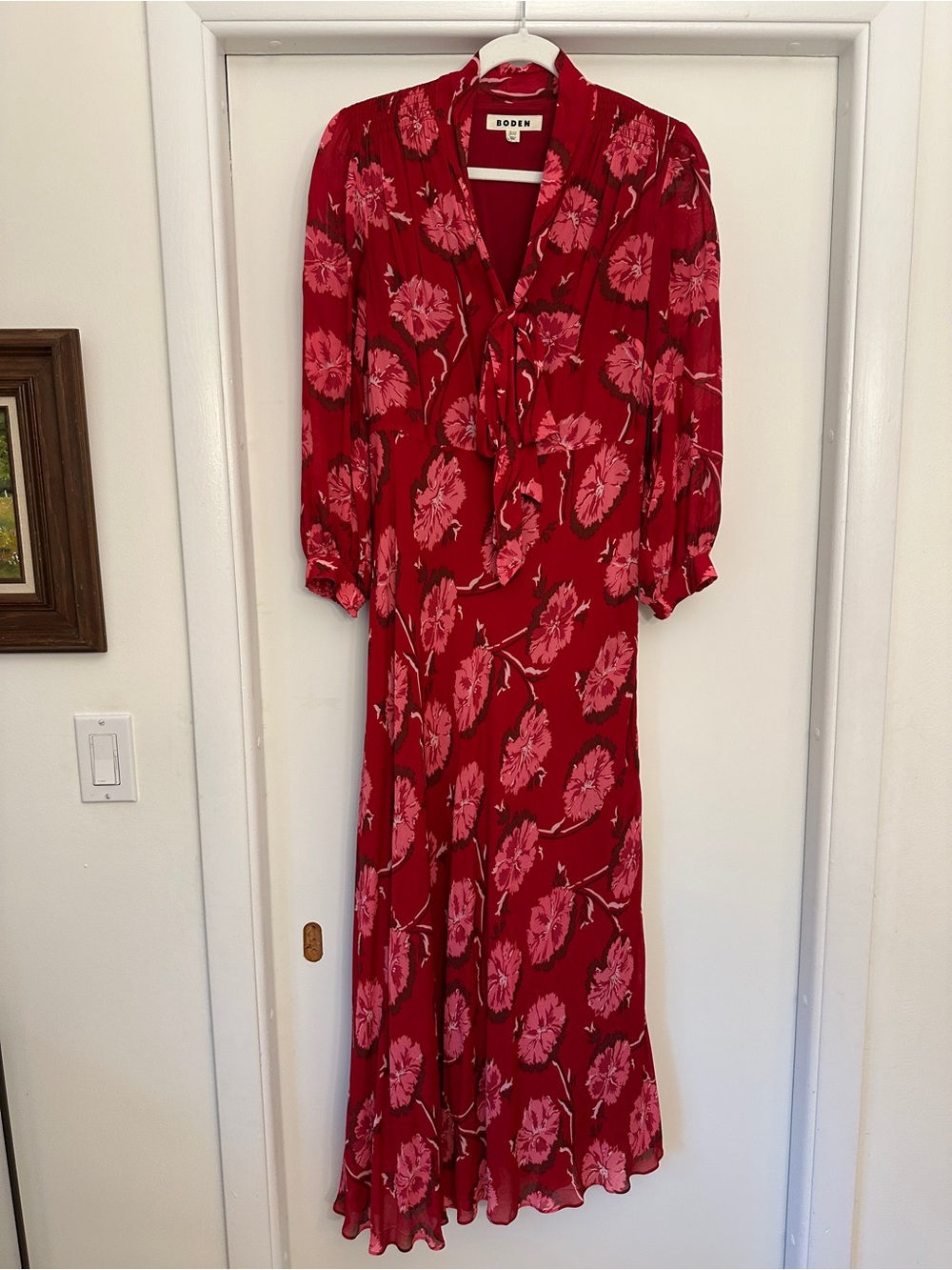 Boden Red and Pink Floral Tie-Front Maxi Dress